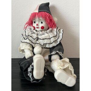 VTG Porcelain Circus Clown Doll w/Pink Yarn Hair Ruffled Outfit Pom-Pom Accents